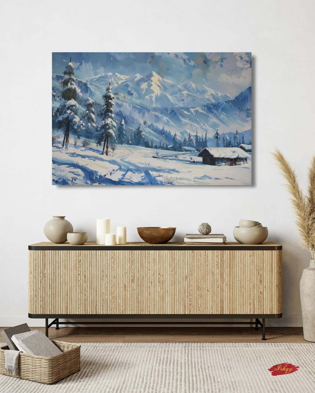 Gulmarg Kashmir Winter Landscape Canvas, Snowy Mountain Painting, Alpine Wall Art, Himalayan Decor, Nature Home Art
