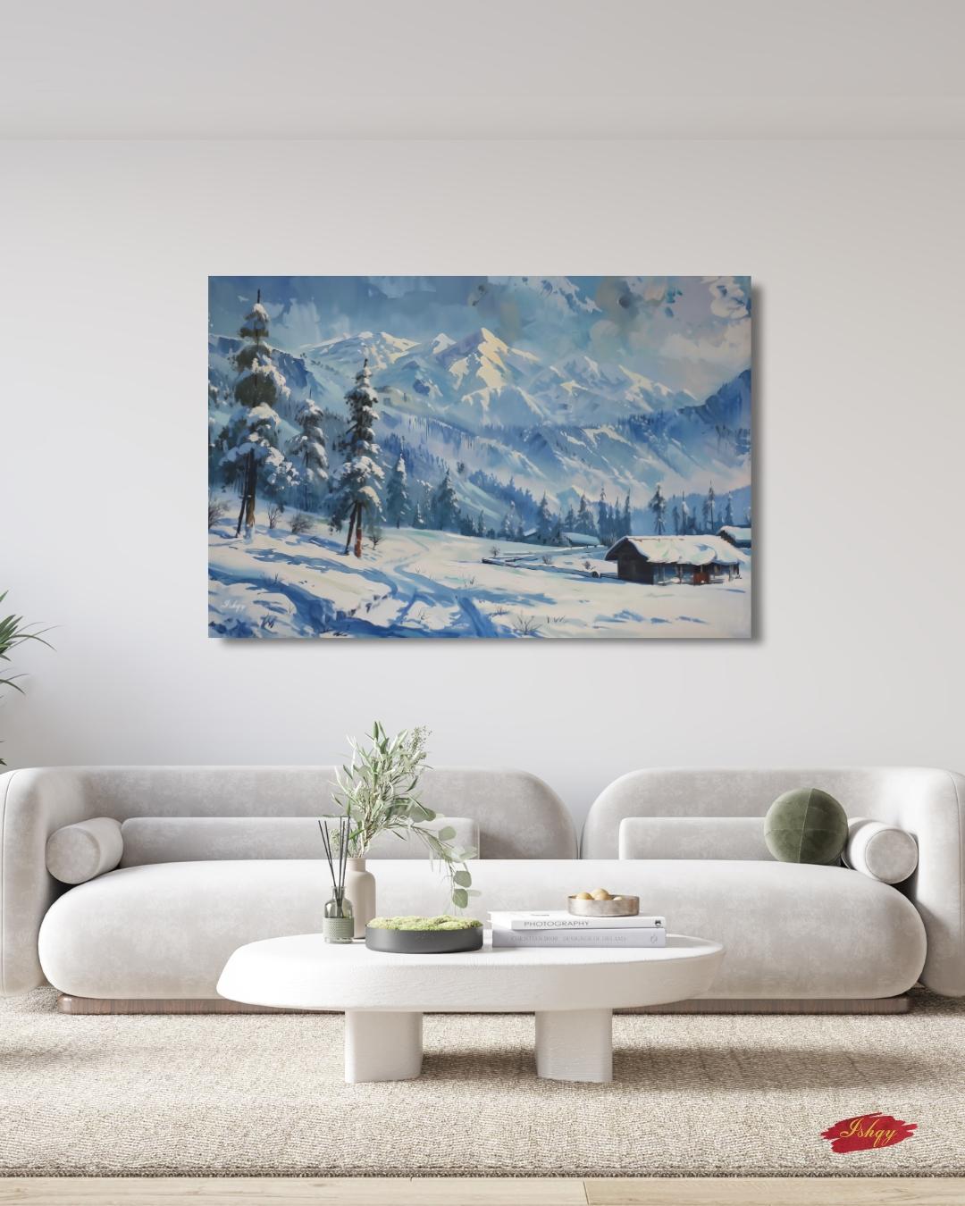 Gulmarg Kashmir Winter Landscape Canvas, Snowy Mountain Painting, Alpine Wall Art, Himalayan Decor, Nature Home Art