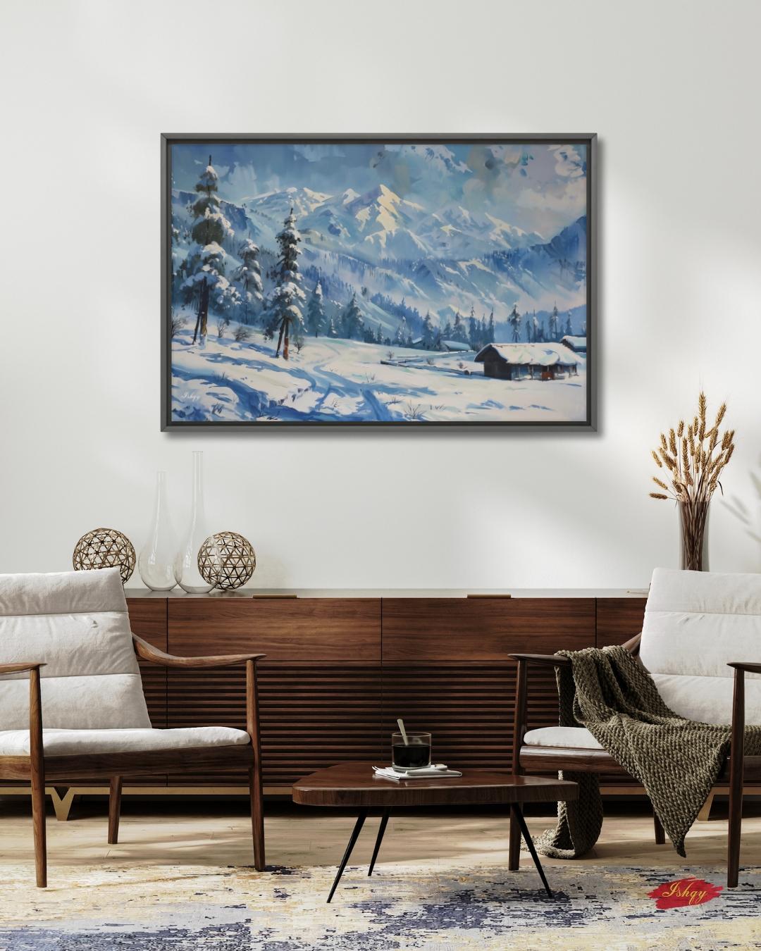 Gulmarg Kashmir Winter Landscape Canvas, Snowy Mountain Painting, Alpine Wall Art, Himalayan Decor, Nature Home Art