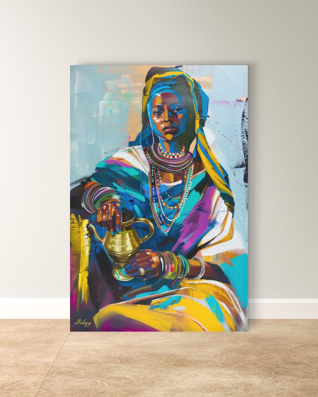 Ethiopian Woman Wall Art, African Portrait Canvas Painting Print, Traditional Jewelry Artwork, Cultural Home Decor, Bold Color Wall Art