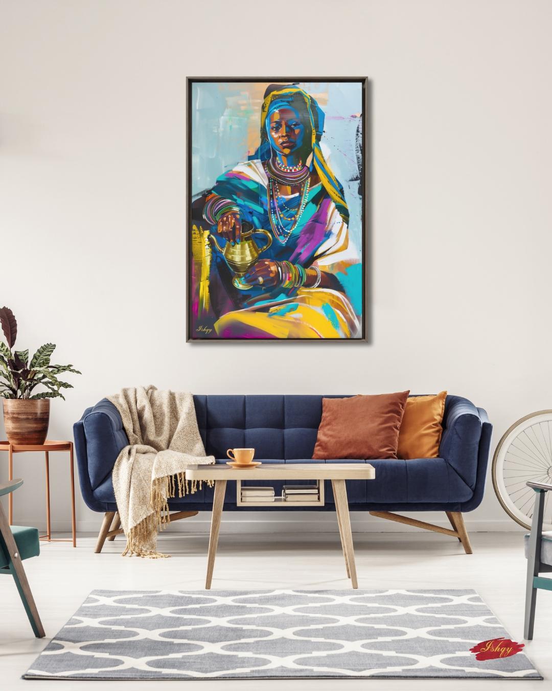 Ethiopian Woman Wall Art, African Portrait Canvas Painting Print, Traditional Jewelry Artwork, Cultural Home Decor, Bold Color Wall Art