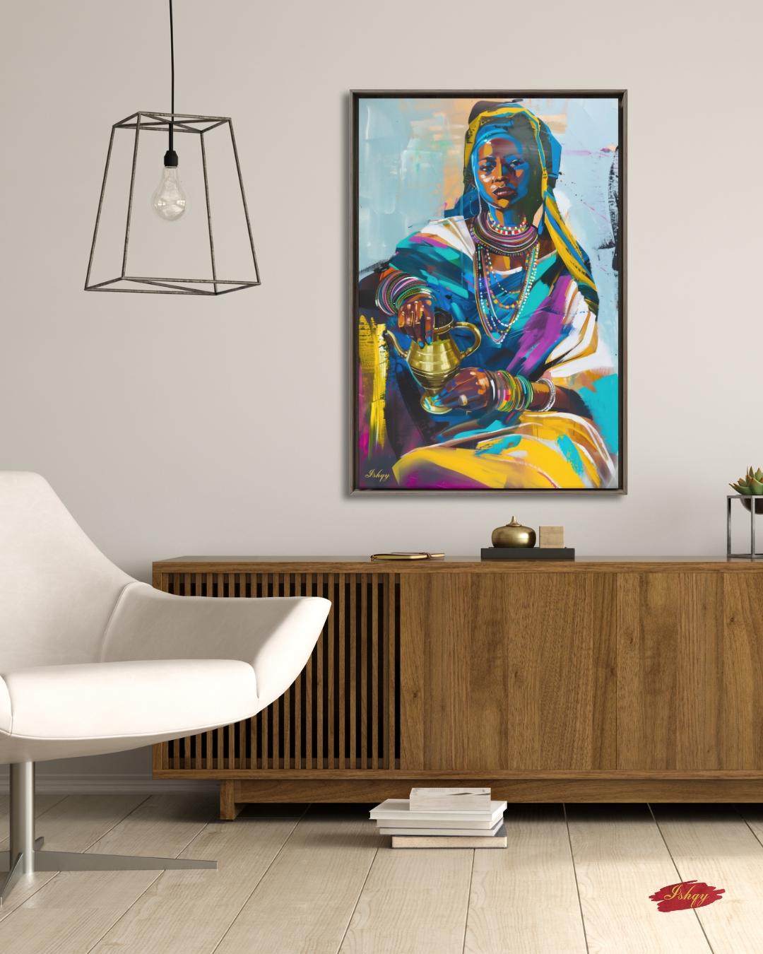 Ethiopian Woman Wall Art, African Portrait Canvas Painting Print, Traditional Jewelry Artwork, Cultural Home Decor, Bold Color Wall Art