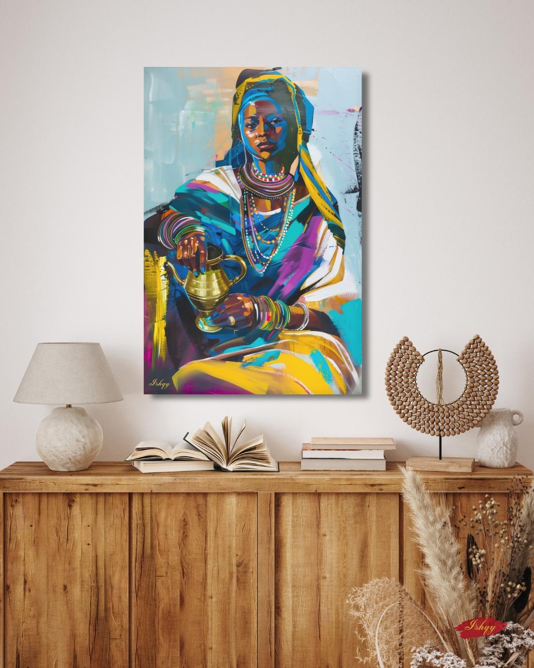 Ethiopian Woman Wall Art, African Portrait Canvas Painting Print, Traditional Jewelry Artwork, Cultural Home Decor, Bold Color Wall Art