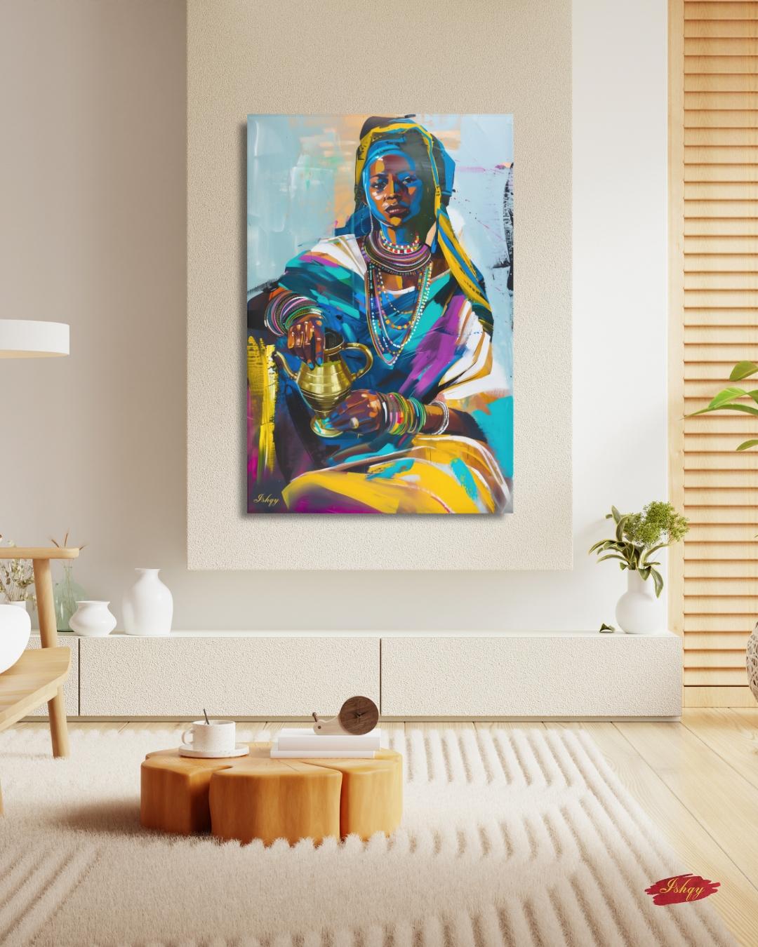 Ethiopian Woman Wall Art, African Portrait Canvas Painting Print, Traditional Jewelry Artwork, Cultural Home Decor, Bold Color Wall Art