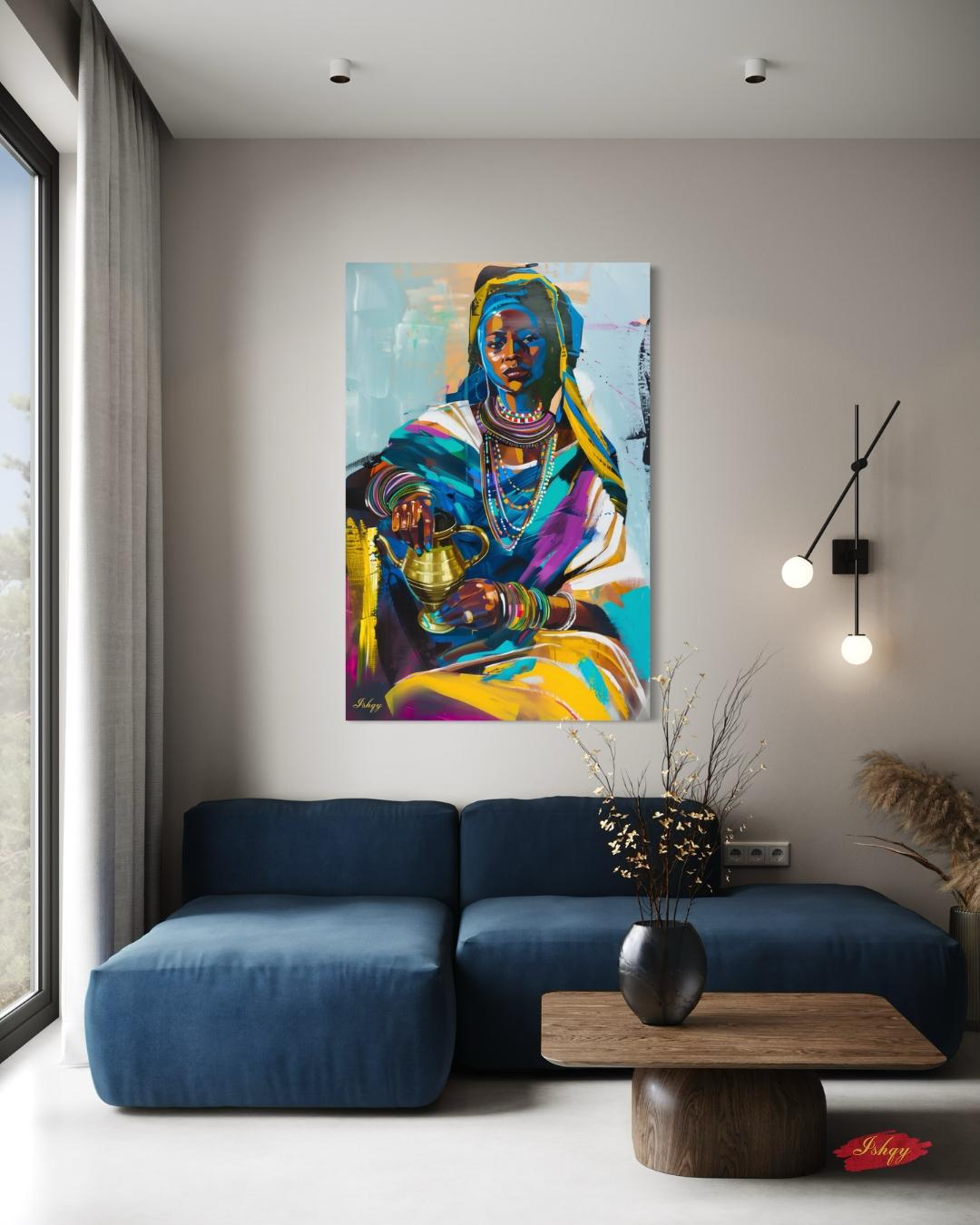 Ethiopian Woman Wall Art, African Portrait Canvas Painting Print, Traditional Jewelry Artwork, Cultural Home Decor, Bold Color Wall Art