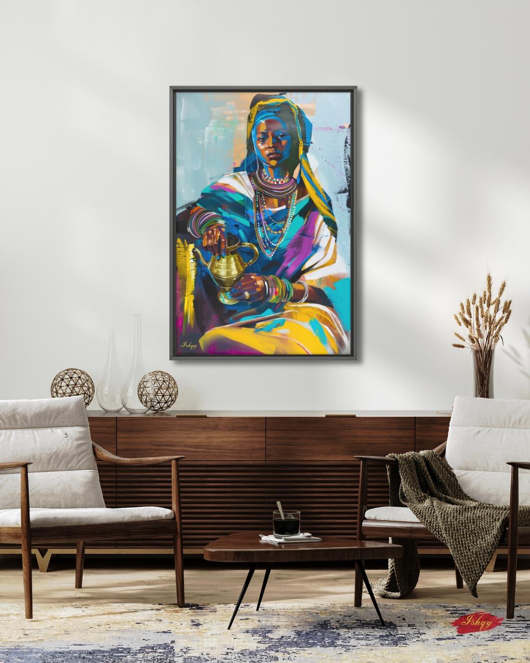 Ethiopian Woman Wall Art, African Portrait Canvas Painting Print, Traditional Jewelry Artwork, Cultural Home Decor, Bold Color Wall Art