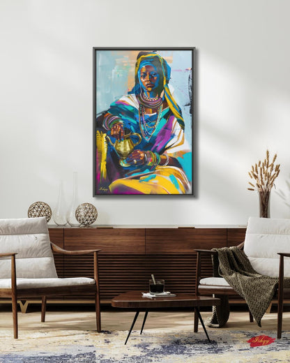 Ethiopian Woman Wall Art, African Portrait Canvas Painting Print, Traditional Jewelry Artwork, Cultural Home Decor, Bold Color Wall Art