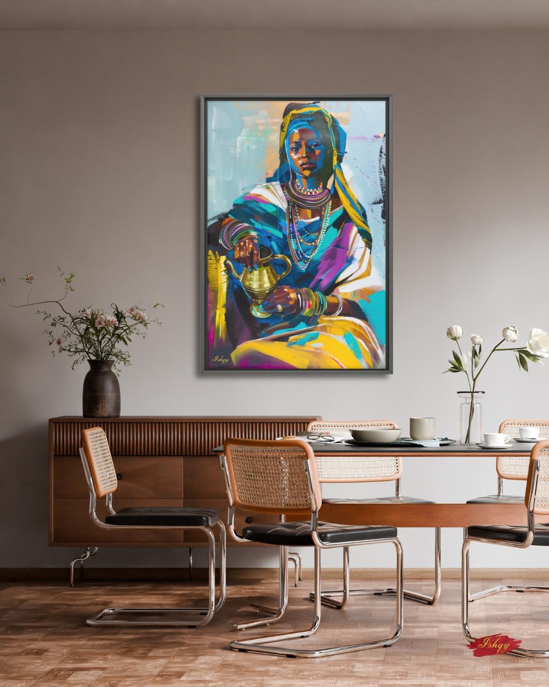 Ethiopian Woman Wall Art, African Portrait Canvas Painting Print, Traditional Jewelry Artwork, Cultural Home Decor, Bold Color Wall Art