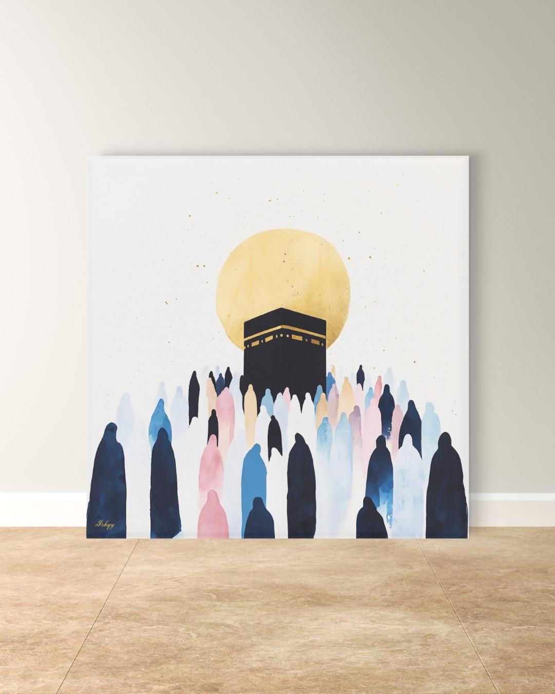 Kaaba Mecca Wall Art, Islamic Hajj Pilgrimage Canvas Painting, Minimalist Muslim Home Decor with Golden Sun and Silhouette Worshippers