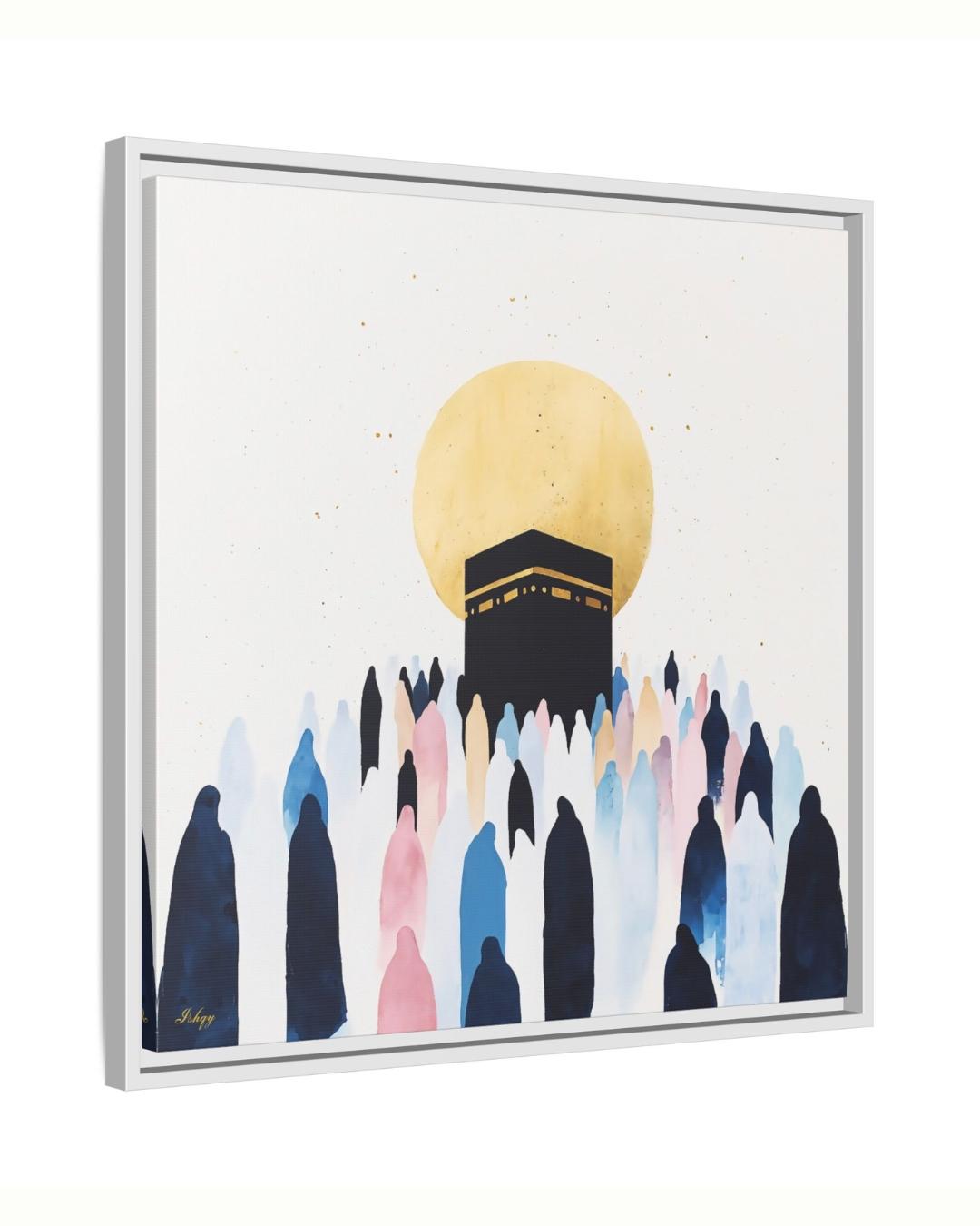 Kaaba Mecca Wall Art, Islamic Hajj Pilgrimage Canvas Painting, Minimalist Muslim Home Decor with Golden Sun and Silhouette Worshippers