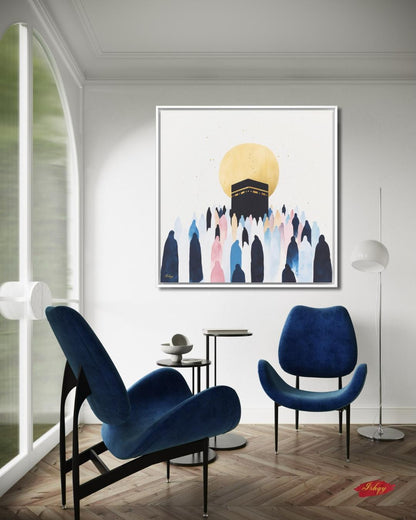 Kaaba Mecca Wall Art, Islamic Hajj Pilgrimage Canvas Painting, Minimalist Muslim Home Decor with Golden Sun and Silhouette Worshippers