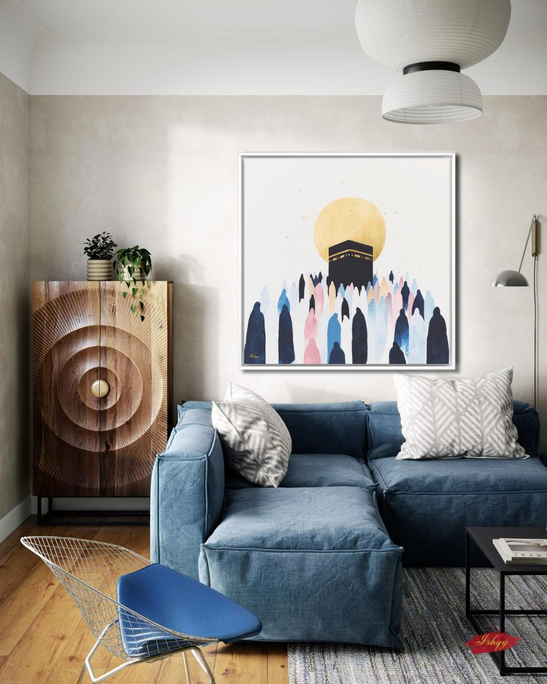 Kaaba Mecca Wall Art, Islamic Hajj Pilgrimage Canvas Painting, Minimalist Muslim Home Decor with Golden Sun and Silhouette Worshippers