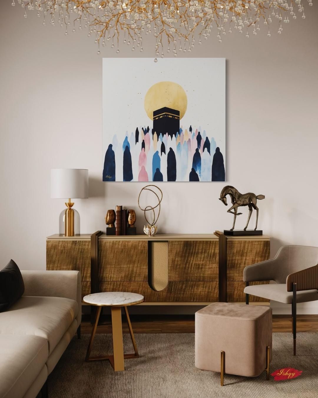 Kaaba Mecca Wall Art, Islamic Hajj Pilgrimage Canvas Painting, Minimalist Muslim Home Decor with Golden Sun and Silhouette Worshippers