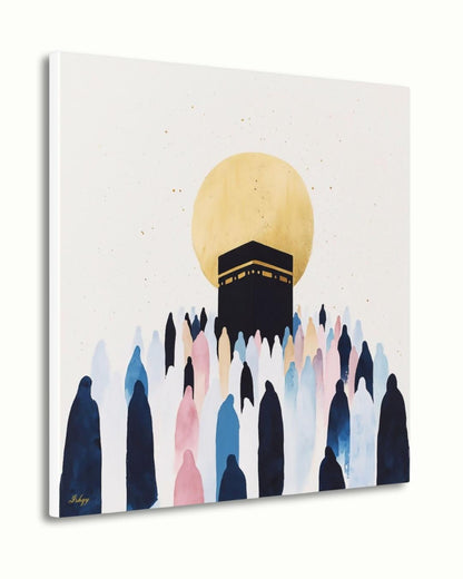 Kaaba Mecca Wall Art, Islamic Hajj Pilgrimage Canvas Painting, Minimalist Muslim Home Decor with Golden Sun and Silhouette Worshippers