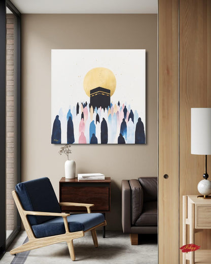 Kaaba Mecca Wall Art, Islamic Hajj Pilgrimage Canvas Painting, Minimalist Muslim Home Decor with Golden Sun and Silhouette Worshippers
