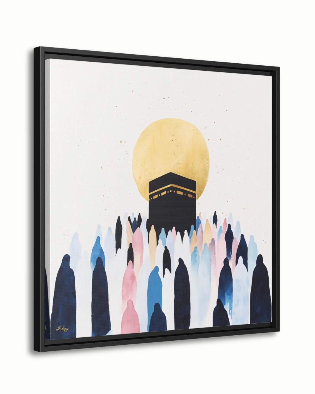 Kaaba Mecca Wall Art, Islamic Hajj Pilgrimage Canvas Painting, Minimalist Muslim Home Decor with Golden Sun and Silhouette Worshippers