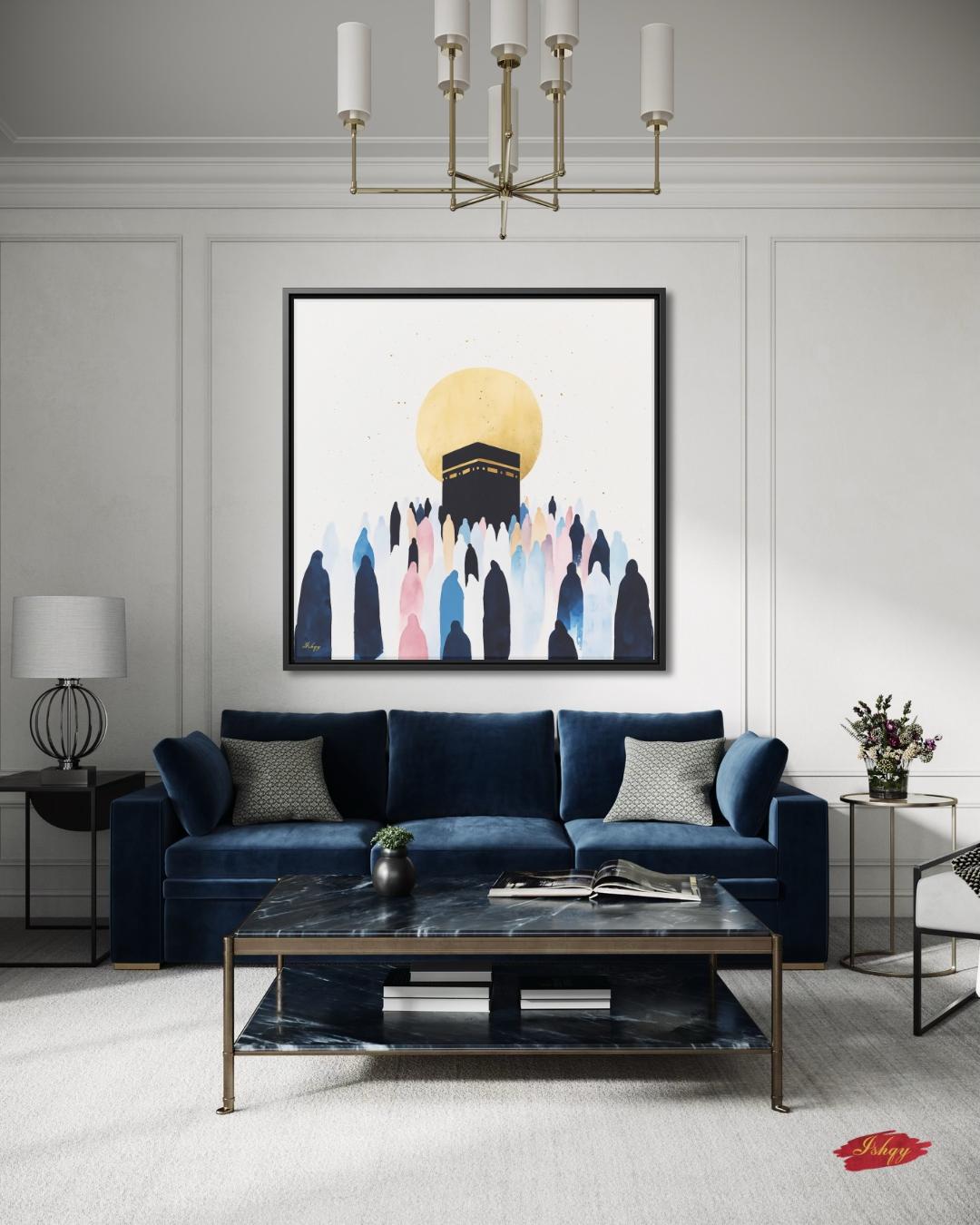 Kaaba Mecca Wall Art, Islamic Hajj Pilgrimage Canvas Painting, Minimalist Muslim Home Decor with Golden Sun and Silhouette Worshippers