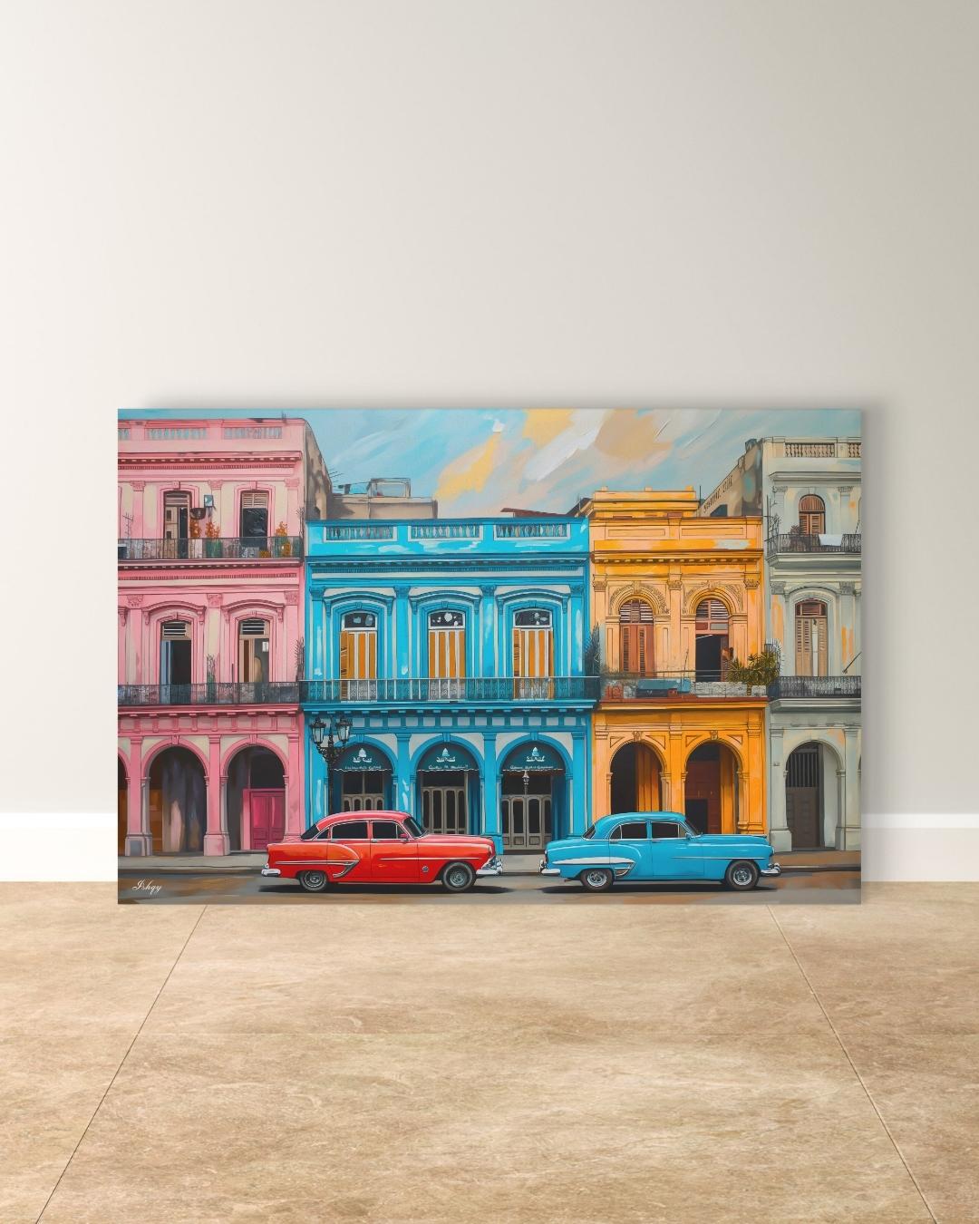Havana Cuba Wall Art Canvas, Colorful Vintage Cars Street, Caribbean Print, Framed Canvas, Latin Home Decor, Vintage Cityscape