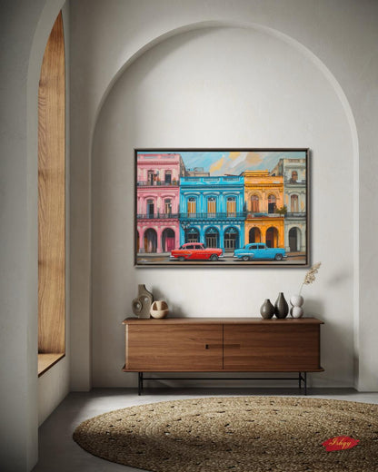 Havana Cuba Wall Art Canvas, Colorful Vintage Cars Street, Caribbean Print, Framed Canvas, Latin Home Decor, Vintage Cityscape