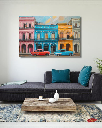 Havana Cuba Wall Art Canvas, Colorful Vintage Cars Street, Caribbean Print, Framed Canvas, Latin Home Decor, Vintage Cityscape