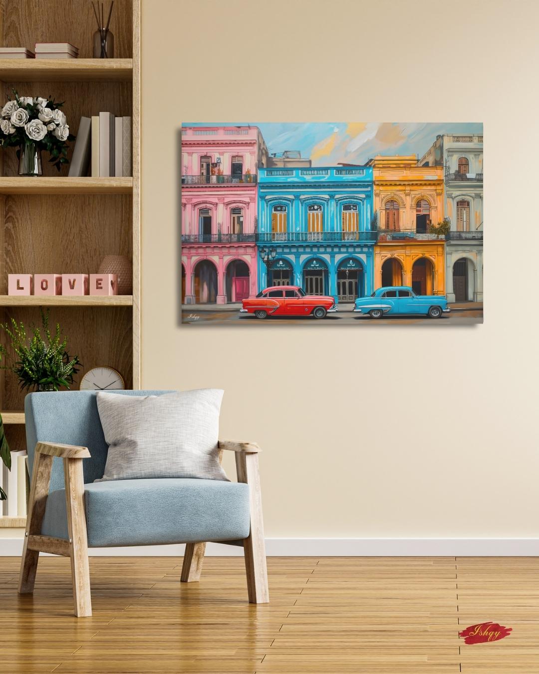 Havana Cuba Wall Art Canvas, Colorful Vintage Cars Street, Caribbean Print, Framed Canvas, Latin Home Decor, Vintage Cityscape
