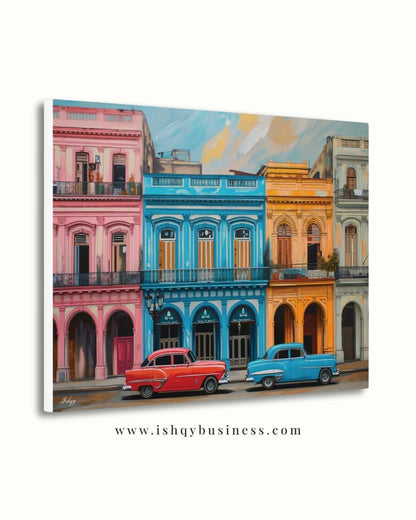 Havana Cuba Wall Art Canvas, Colorful Vintage Cars Street, Caribbean Print, Framed Canvas, Latin Home Decor, Vintage Cityscape