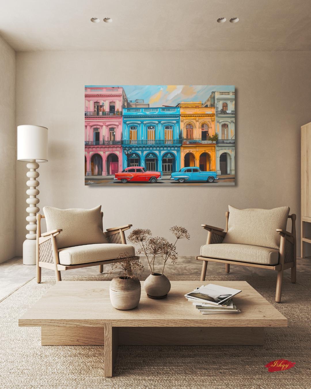 Havana Cuba Wall Art Canvas, Colorful Vintage Cars Street, Caribbean Print, Framed Canvas, Latin Home Decor, Vintage Cityscape