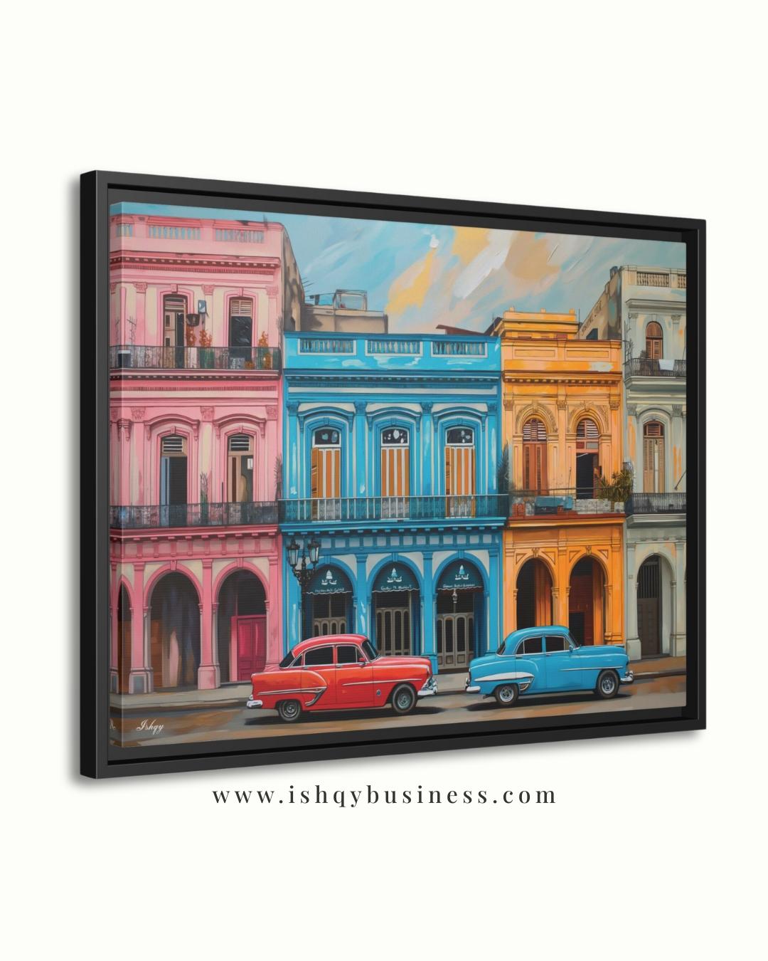 Havana Cuba Wall Art Canvas, Colorful Vintage Cars Street, Caribbean Print, Framed Canvas, Latin Home Decor, Vintage Cityscape