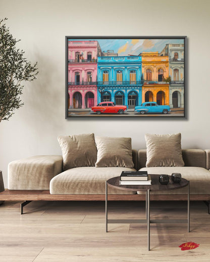 Havana Cuba Wall Art Canvas, Colorful Vintage Cars Street, Caribbean Print, Framed Canvas, Latin Home Decor, Vintage Cityscape