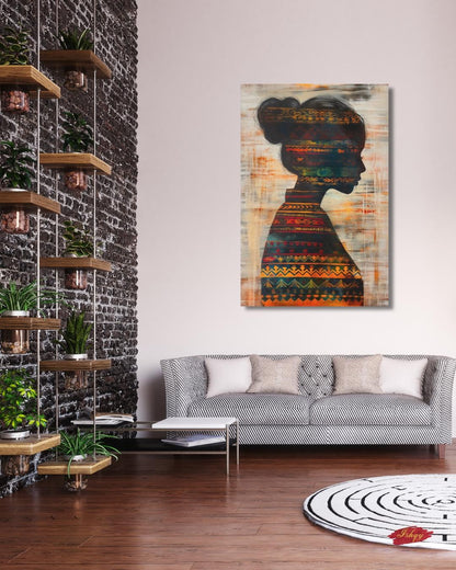 Herencia | Colombian Woman Silhouette Wall Art Canvas Print | IshqyBusiness.Herencia Colombian woman silhouette art print with vibrant textile detail. Canvas &amp; framed canvas painting print for living room, study, or cultural space decor.