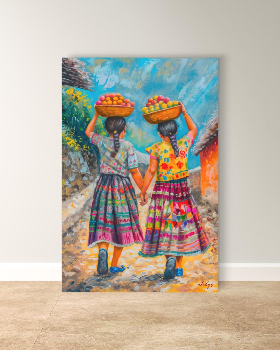 Guatemalan Sisters Wall Art, Indigenous Girls Painting, Latin American Folk Art Print, Colorful Village Canvas, Cultural Home Decor for Living Room