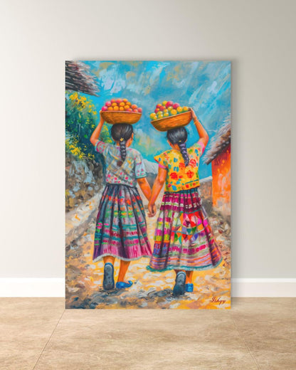 Guatemalan Sisters Wall Art, Indigenous Girls Painting, Latin American Folk Art Print, Colorful Village Canvas, Cultural Home Decor for Living Room