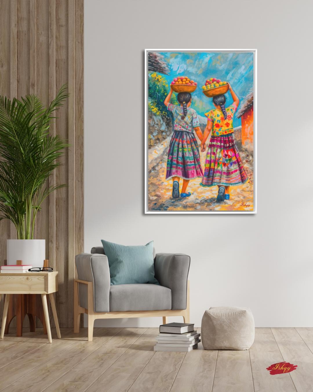 Guatemalan Sisters Wall Art, Indigenous Girls Painting, Latin American Folk Art Print, Colorful Village Canvas, Cultural Home Decor for Living Room