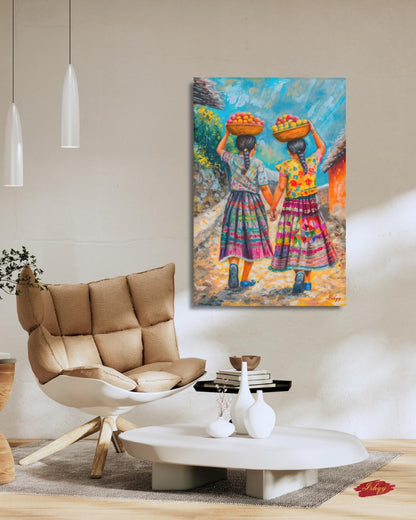 Guatemalan Sisters Wall Art, Indigenous Girls Painting, Latin American Folk Art Print, Colorful Village Canvas, Cultural Home Decor for Living Room