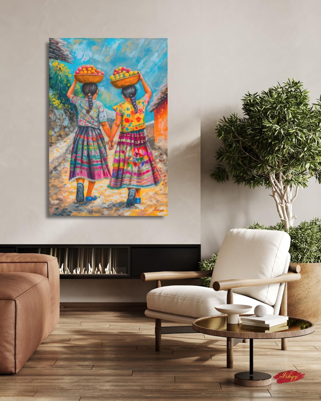 Guatemalan Sisters Wall Art, Indigenous Girls Painting, Latin American Folk Art Print, Colorful Village Canvas, Cultural Home Decor for Living Room