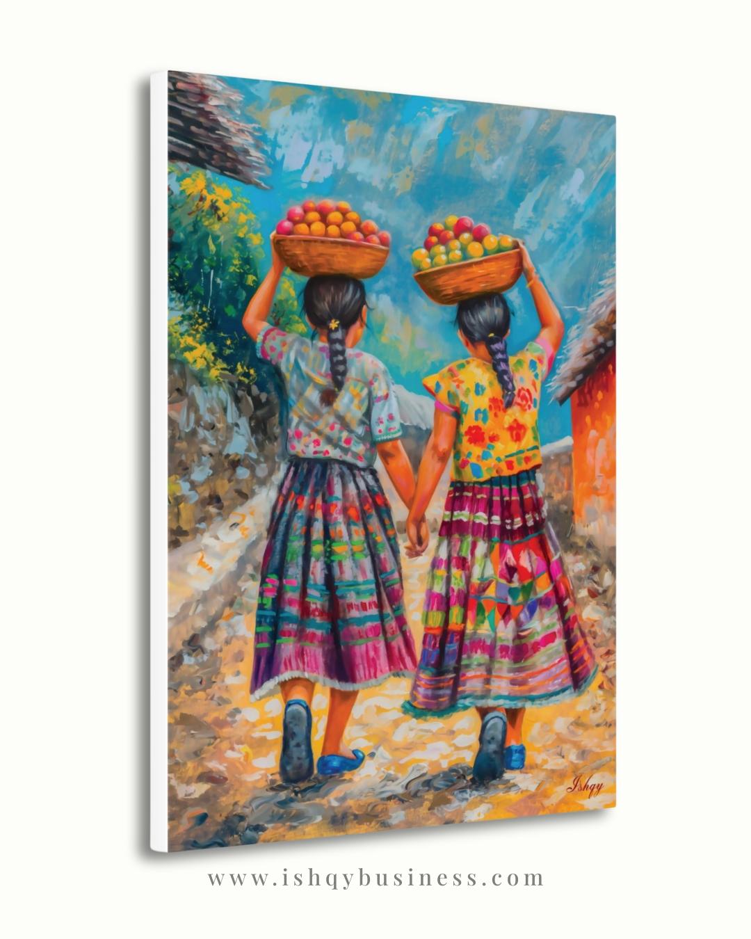 Guatemalan Sisters Wall Art, Indigenous Girls Painting, Latin American Folk Art Print, Colorful Village Canvas, Cultural Home Decor for Living Room
