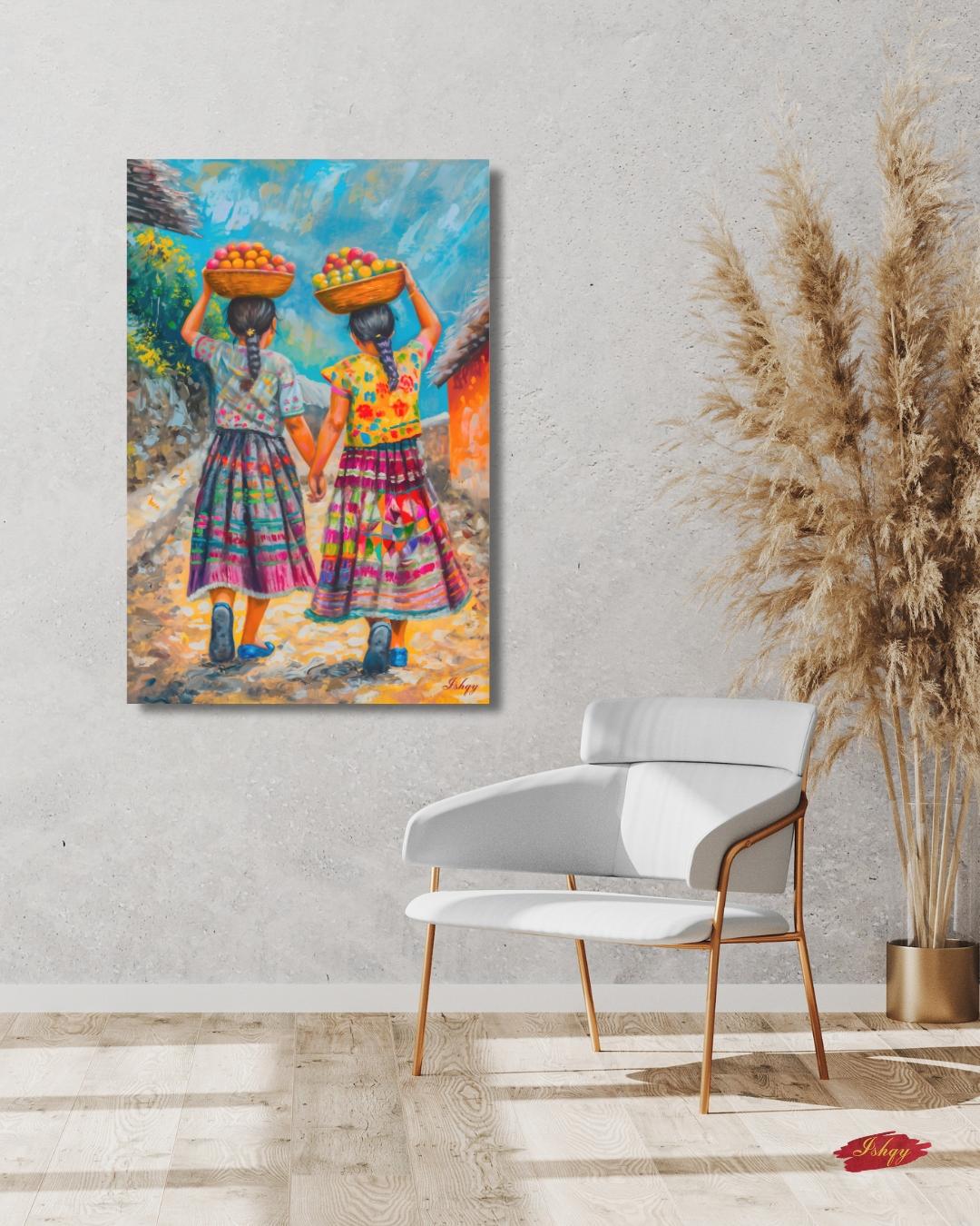 Guatemalan Sisters Wall Art, Indigenous Girls Painting, Latin American Folk Art Print, Colorful Village Canvas, Cultural Home Decor for Living Room