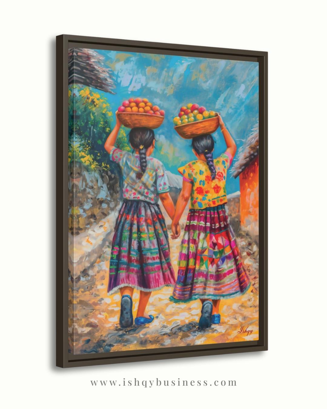 Guatemalan Sisters Wall Art, Indigenous Girls Painting, Latin American Folk Art Print, Colorful Village Canvas, Cultural Home Decor for Living Room