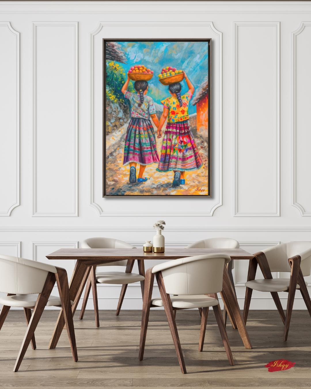 Guatemalan Sisters Wall Art, Indigenous Girls Painting, Latin American Folk Art Print, Colorful Village Canvas, Cultural Home Decor for Living Room