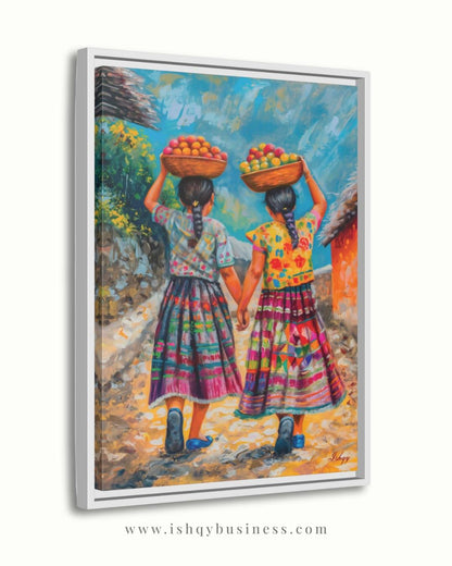 Guatemalan Sisters Wall Art, Indigenous Girls Painting, Latin American Folk Art Print, Colorful Village Canvas, Cultural Home Decor for Living Room