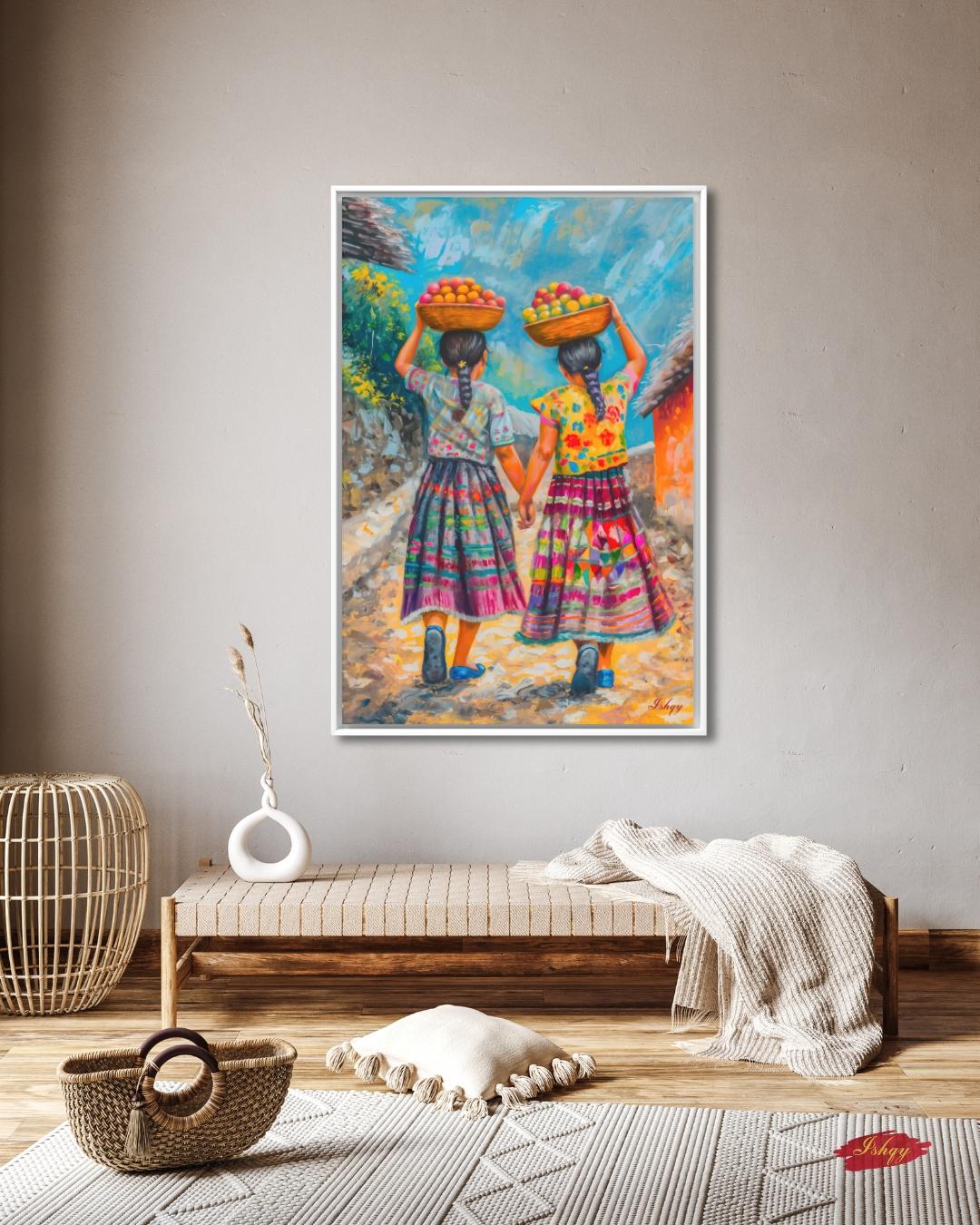 Guatemalan Sisters Wall Art, Indigenous Girls Painting, Latin American Folk Art Print, Colorful Village Canvas, Cultural Home Decor for Living Room