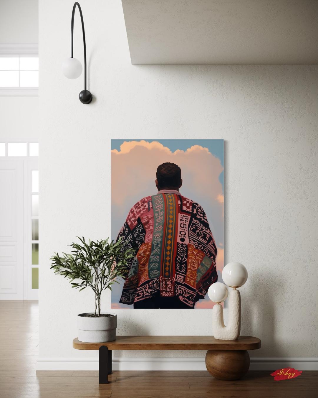 Panamanian Man Portrait Wall Art Print, Canvas, Framed Canvas, Panama Textile Back View Painting, Latin American Boho Cultural Decor for Living Room