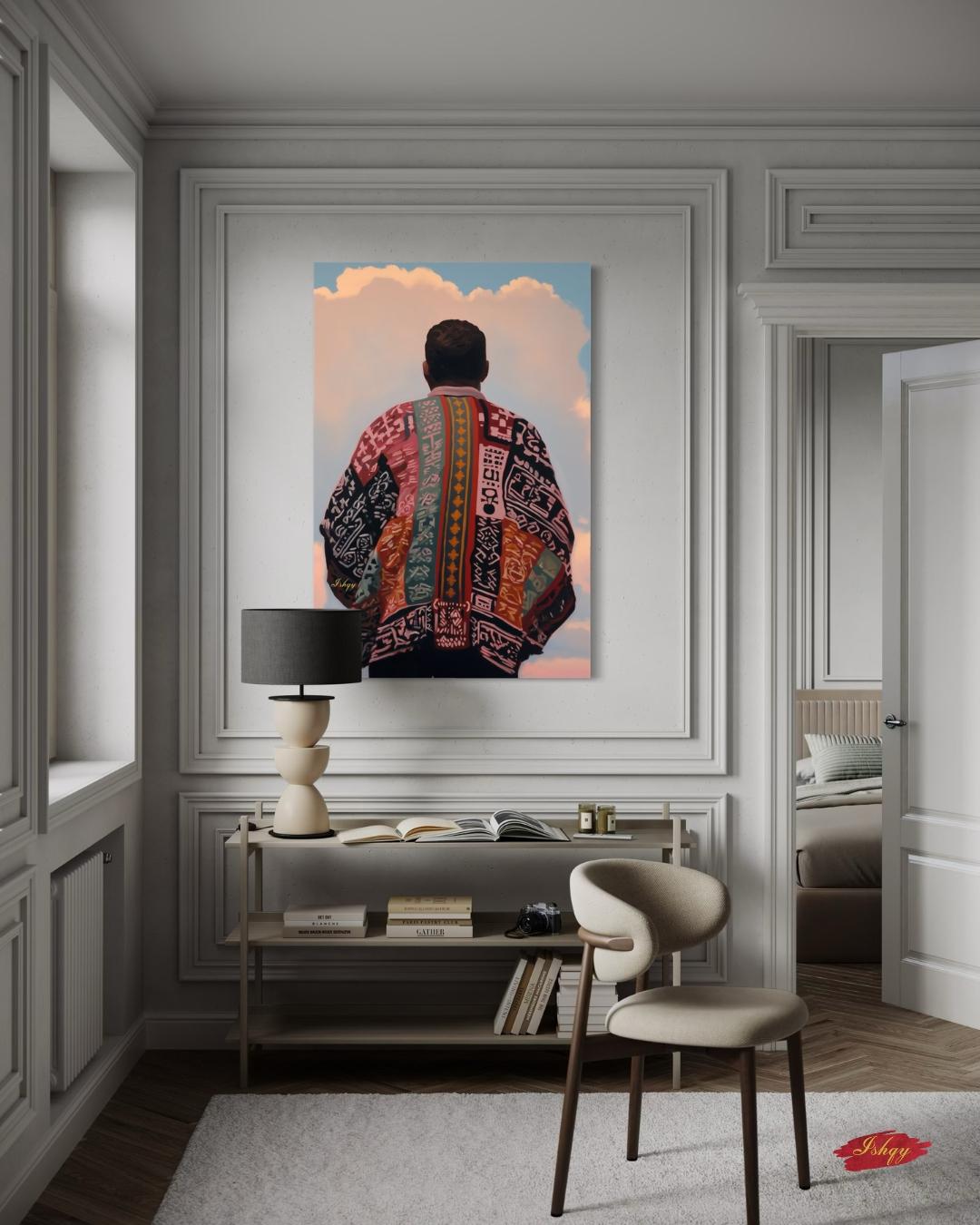 Panamanian Man Portrait Wall Art Print, Canvas, Framed Canvas, Panama Textile Back View Painting, Latin American Boho Cultural Decor for Living Room