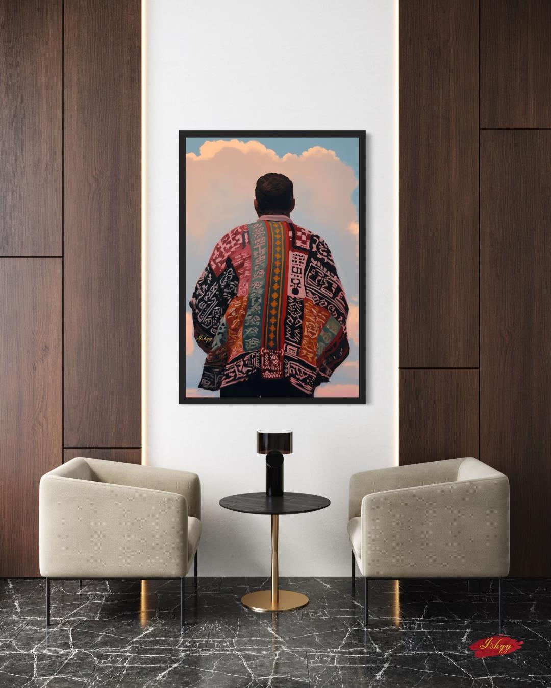 Panamanian Man Portrait Wall Art Print, Canvas, Framed Canvas, Panama Textile Back View Painting, Latin American Boho Cultural Decor for Living Room
