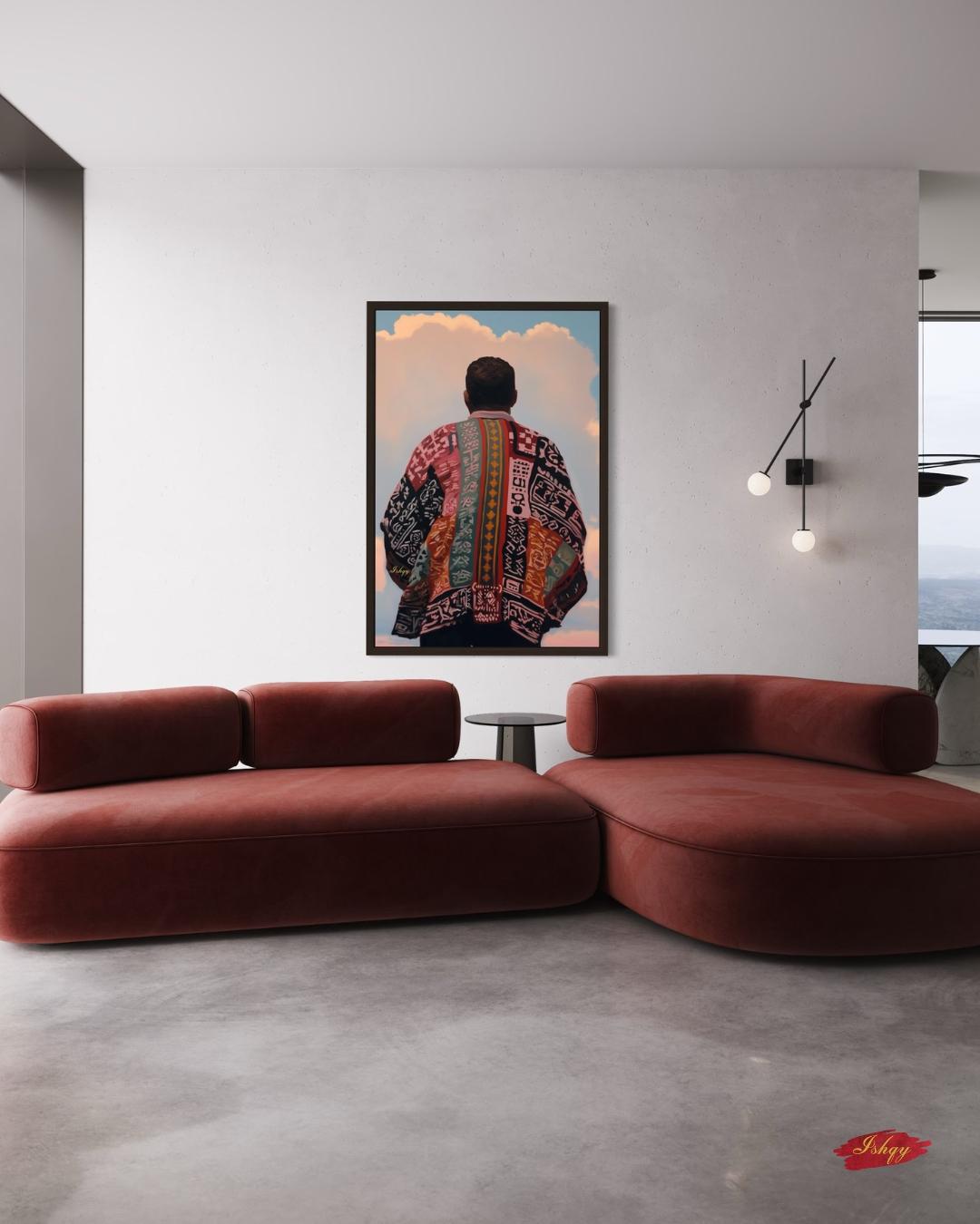 Panamanian Man Portrait Wall Art Print, Canvas, Framed Canvas, Panama Textile Back View Painting, Latin American Boho Cultural Decor for Living Room