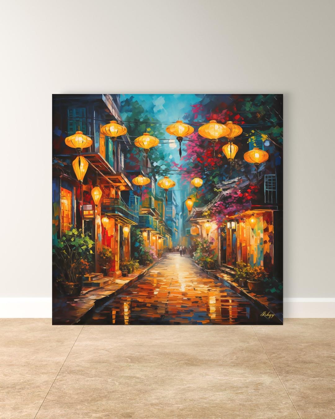 Hoi An Vietnam Wall Art Print with Lanterns, Vibrant Street Scene Canvas or Framed Decor, Vietnamese Town Painting for Home or Office