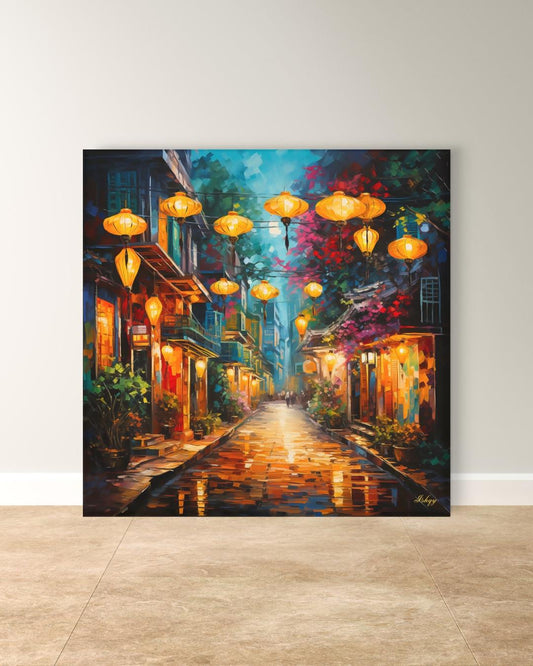 Hoi An Vietnam Wall Art Print with Lanterns, Vibrant Street Scene Canvas or Framed Decor, Vietnamese Town Painting for Home or Office