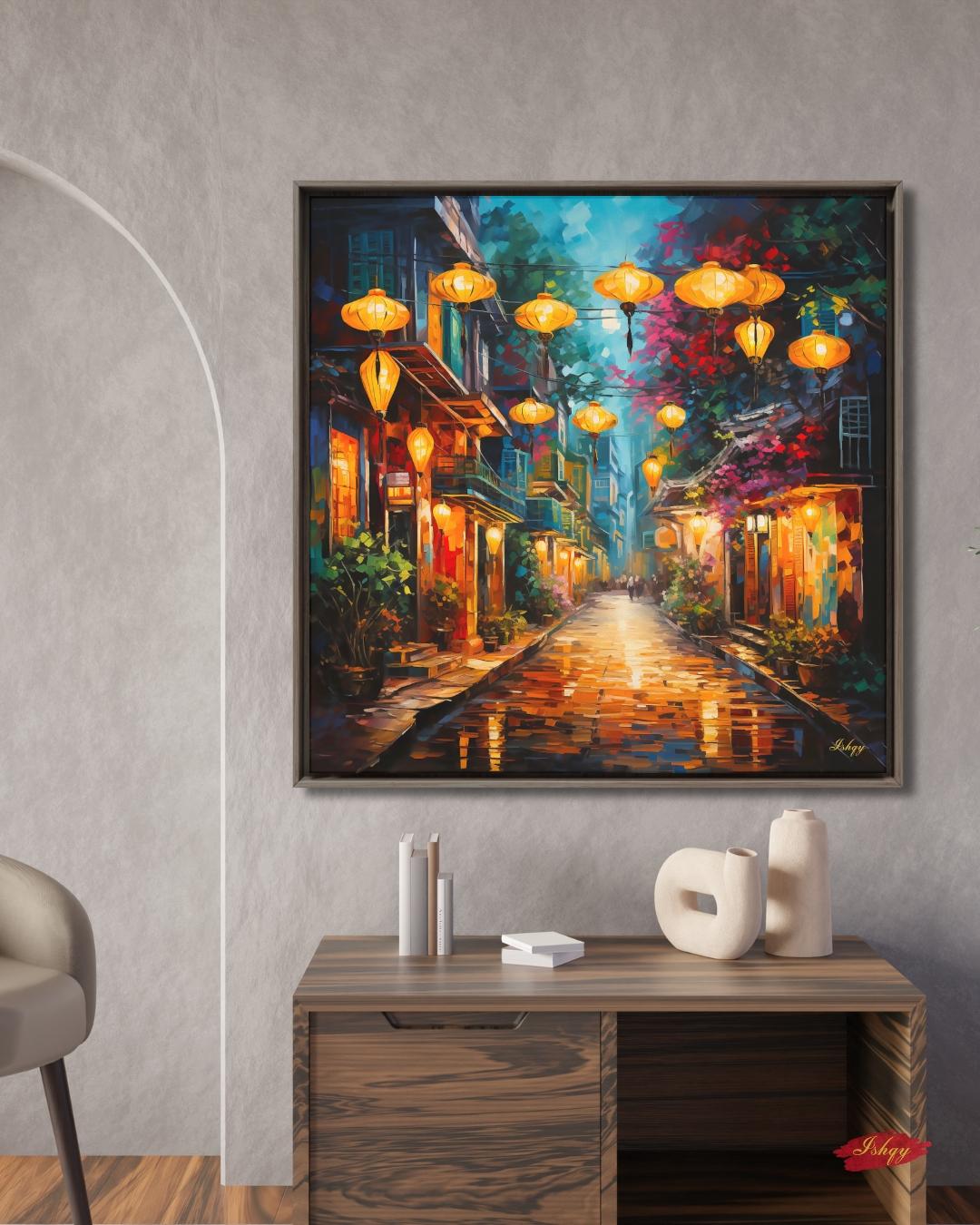 Hoi An Lantern Art, Vietnam Wall Art, Asian Street Canvas, Night Market Print, Travel Home Decor, Colorful Cityscape Artwork
