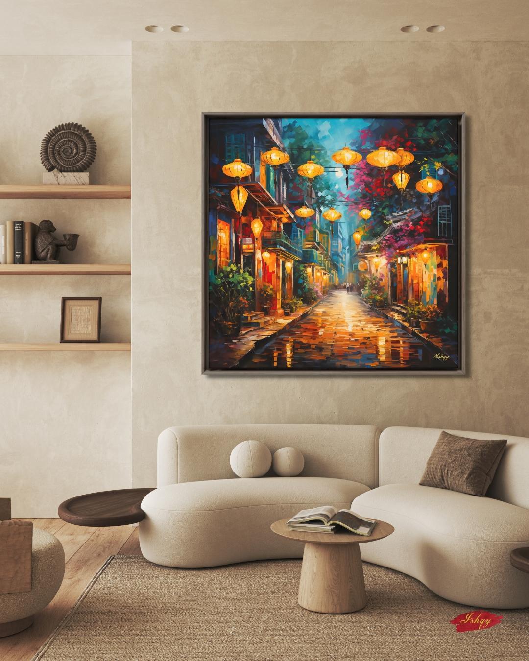 Hoi An Lantern Art, Vietnam Wall Art, Asian Street Canvas, Night Market Print, Travel Home Decor, Colorful Cityscape Artwork