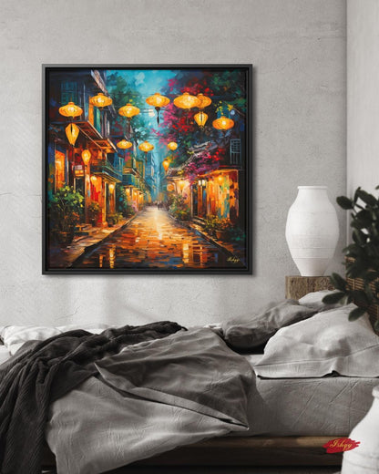 Hoi An Vietnam Wall Art Print with Lanterns, Vibrant Street Scene Canvas or Framed Decor, Vietnamese Town Painting for Home or Office